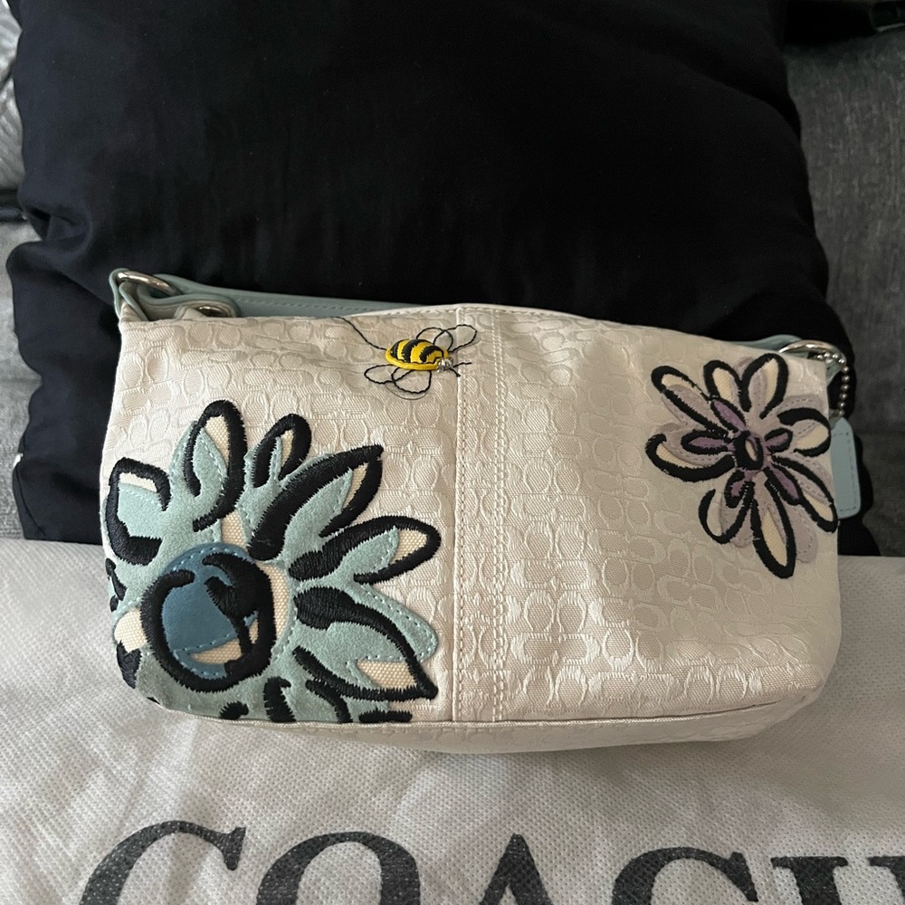 Coach Cream Clutch with Floral and Bee Embroidery